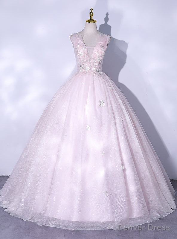 Pink Tulle Sequins V Neck Appliques Beading Quinceanera Dresses