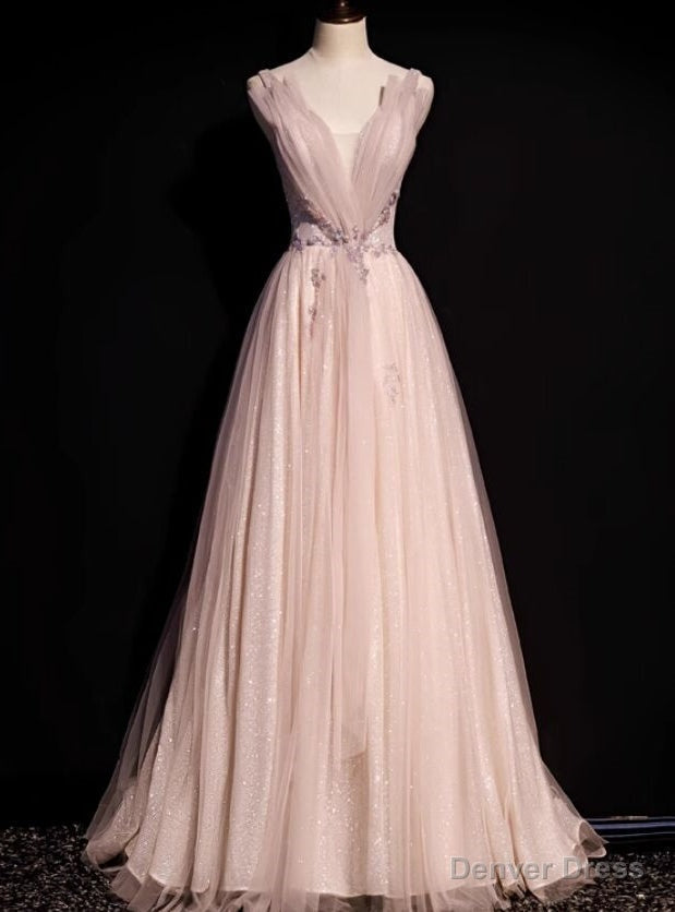 Pink Tulle Sequins V Neck Beading Prom Dresses