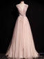 Pink Tulle Sequins V Neck Beading Prom Dresses