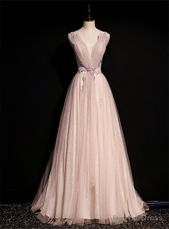 Pink Tulle Sequins V Neck Pleats Beading Prom Dresses