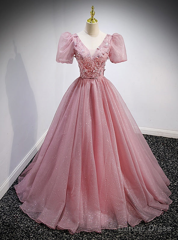 Pink Tulle Sequins V Neck Puff Sleeve Beading Prom Dresses