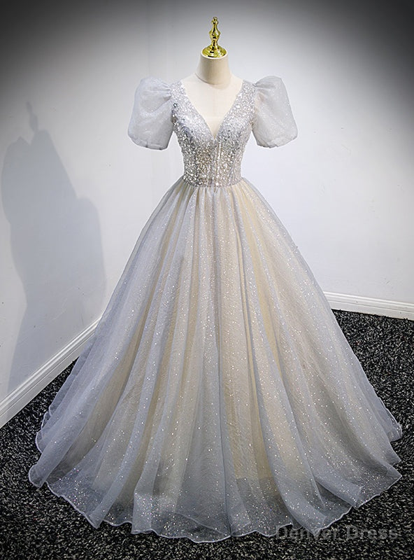Pink Tulle Sequins V Neck Puff Sleeve Beading Sequins Prom Dresses