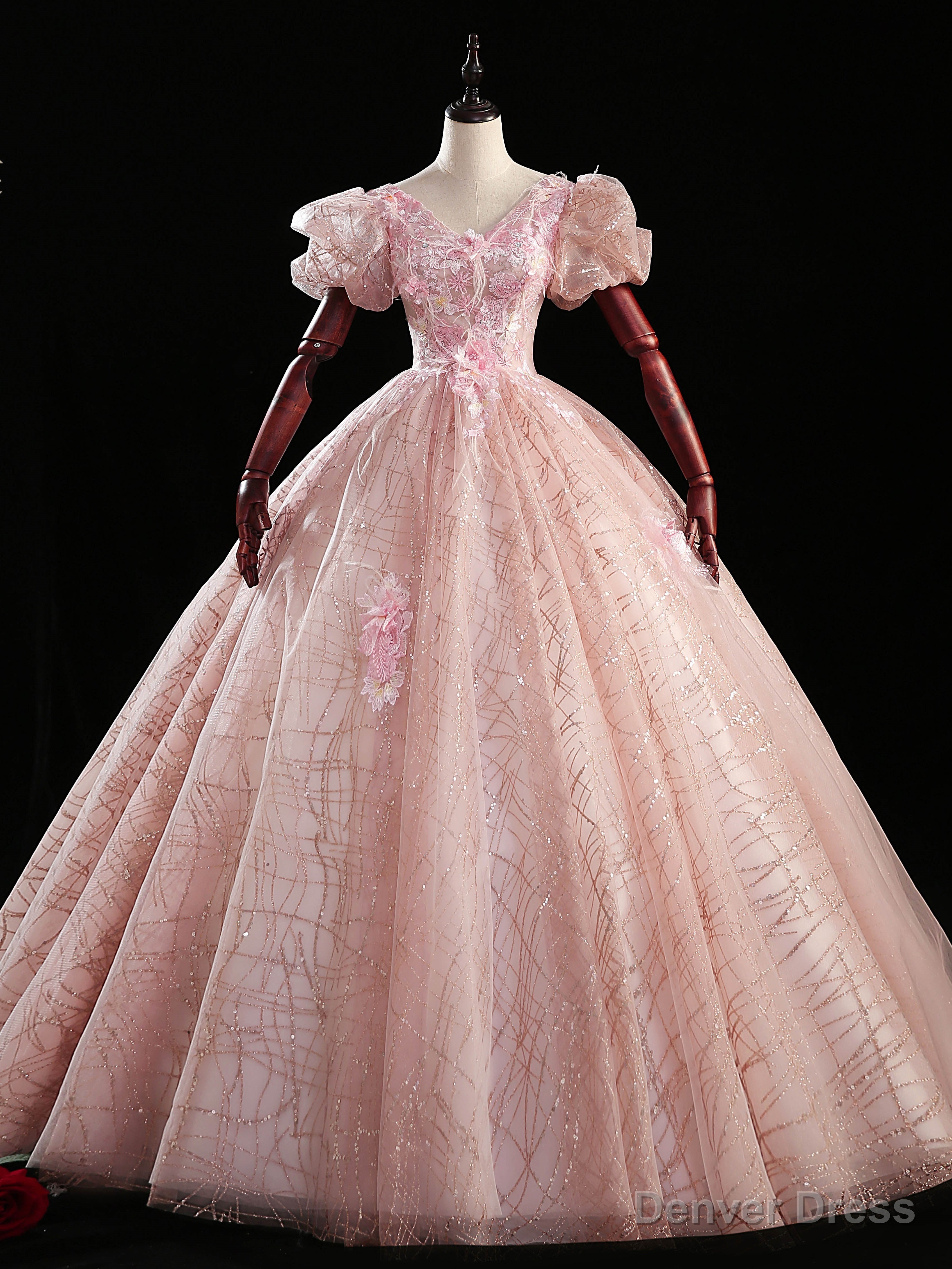 Pink Tulle Sequins V Neck Puff Sleeve Quinceanera Dresses