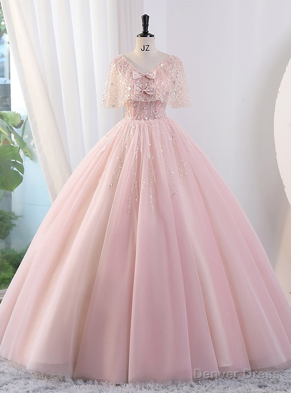 Pink Tulle Sequins V Neck Quinceanera Dresses