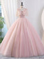 Pink Tulle Sequins V Neck Quinceanera Dresses