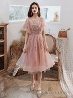 Pink Tulle Short Prom Dress With Lace, Pink Homecoming Dresses