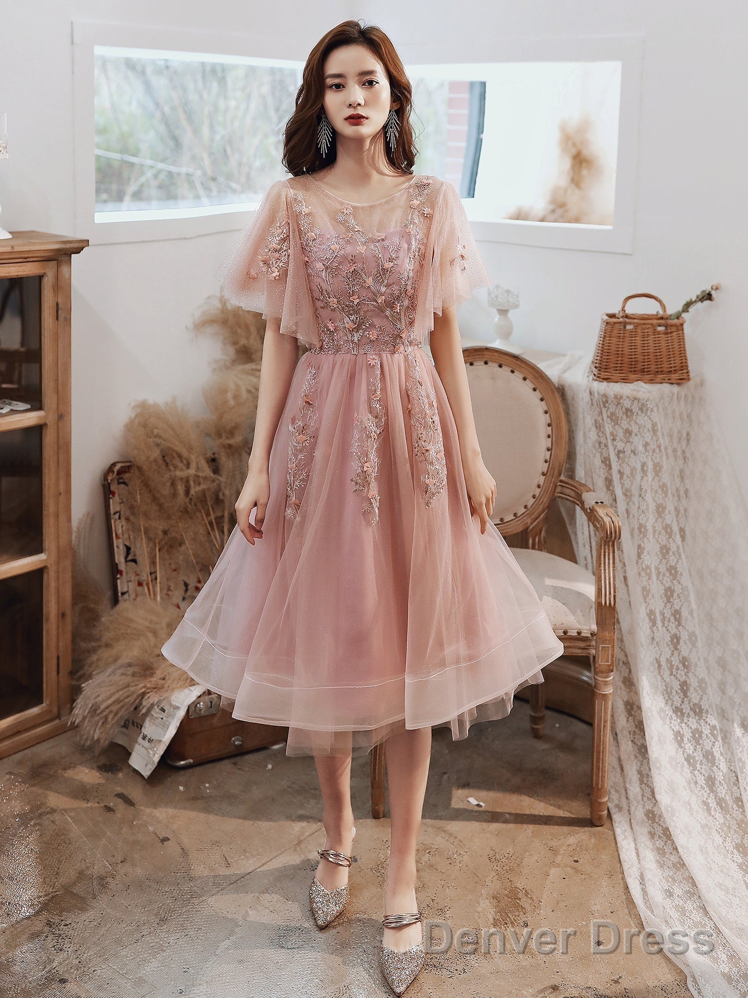 Pink Tulle Short Prom Dress With Lace, Pink Homecoming Dresses
