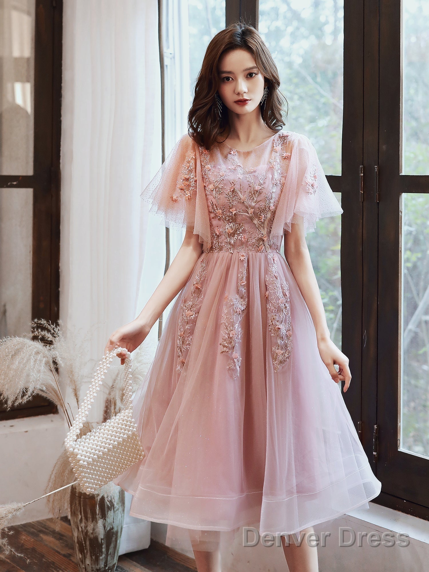Pink Tulle Short Prom Dress With Lace, Pink Homecoming Dresses