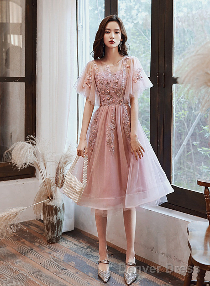 Pink Tulle Short Prom Dress With Lace, Pink Homecoming Dresses Main image