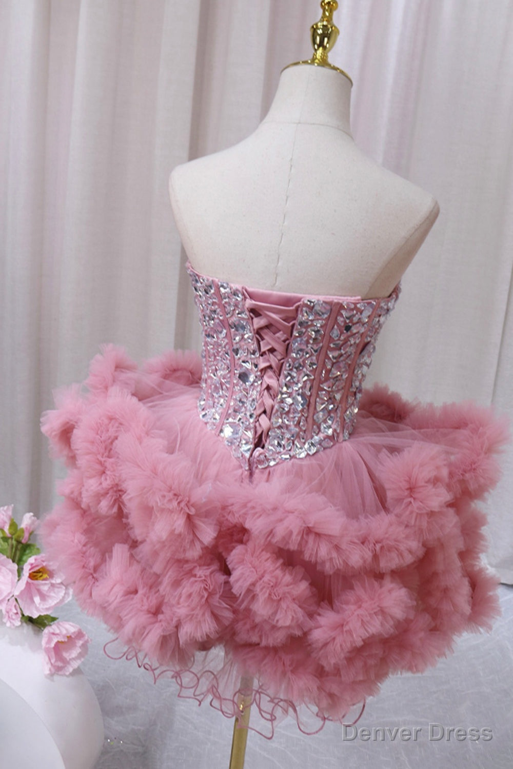 Pink Tulle Short Homecoming Dress with Rhinestones, Cute Prom Dresses