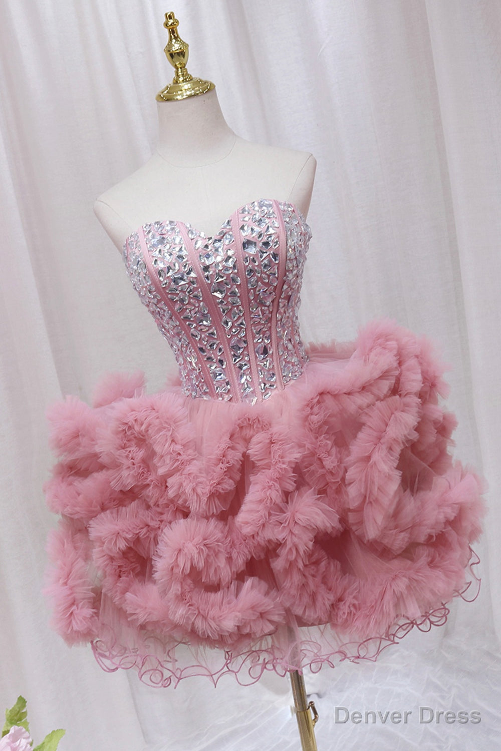 Pink Tulle Short Homecoming Dress with Rhinestones, Cute Prom Dresses Main image