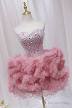 Pink Tulle Short Homecoming Dress with Rhinestones, Cute Prom Dresses
