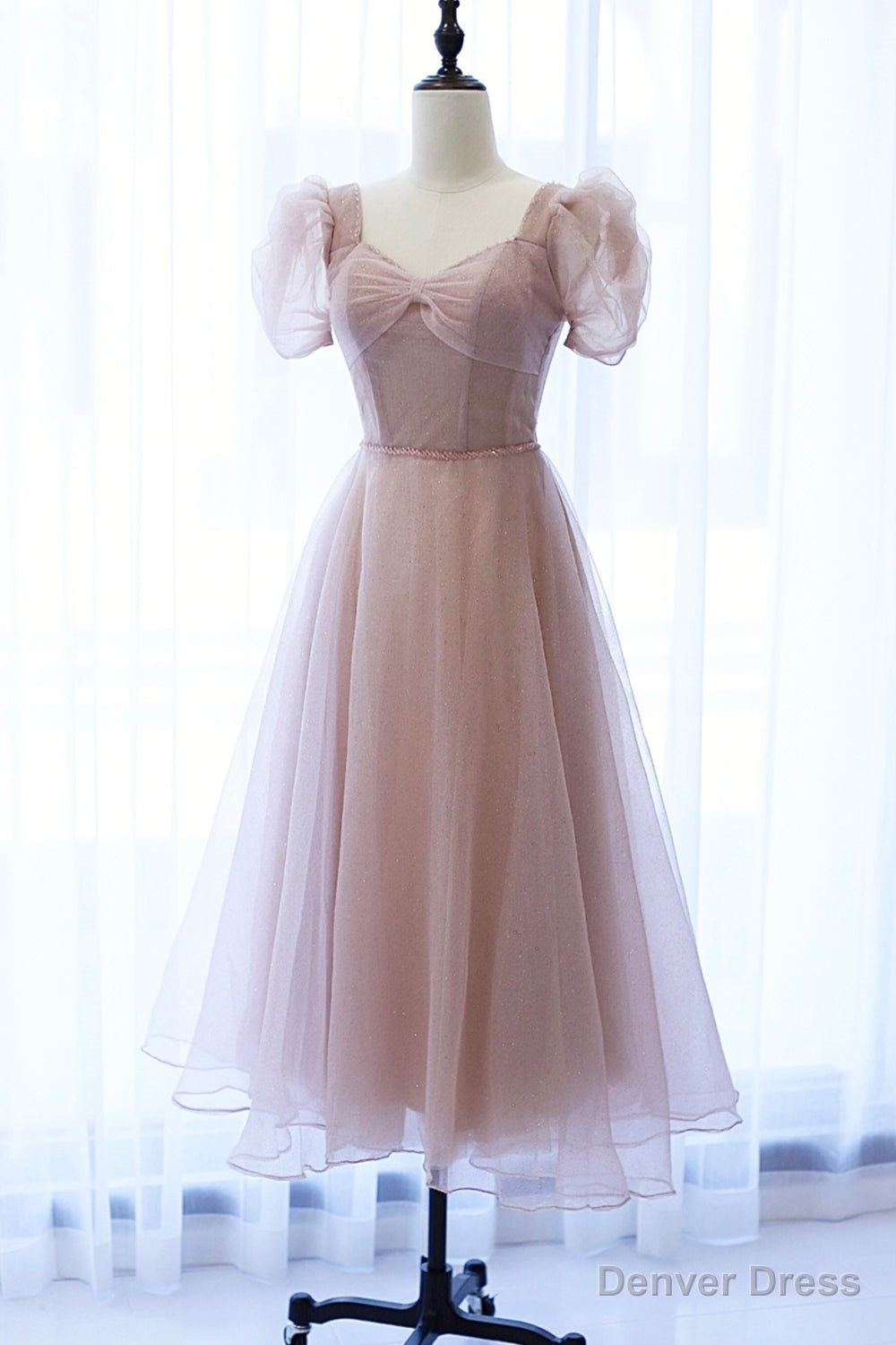 Pink Tulle Short Prom Dress, Cute Short Sleeve Party Dress Main image