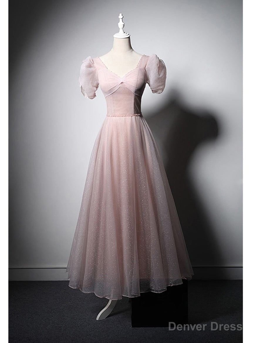 Pink Tulle Short Sleeve Prom Dresses