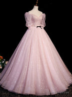 Pink Tulle Short Sleeves Ball Gowns Long Prom Dress, Pink Prom Dresses
