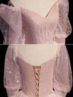 Pink Tulle Short Sleeves Ball Gowns Long Prom Dress, Pink Prom Dresses