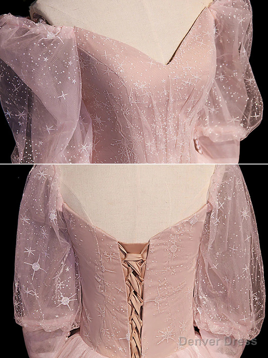 Pink Tulle Short Sleeves Ball Gowns Long Prom Dress, Pink Prom Dresses
