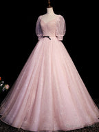 Pink Tulle Short Sleeves Ball Gowns Long Prom Dress, Pink Prom Dresses