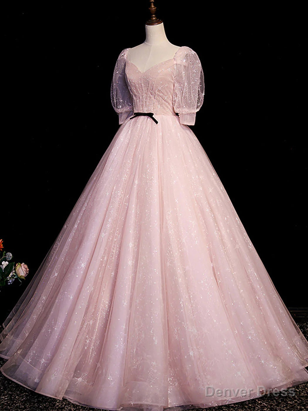 Pink Tulle Short Sleeves Ball Gowns Long Prom Dress, Pink Prom Dresses
