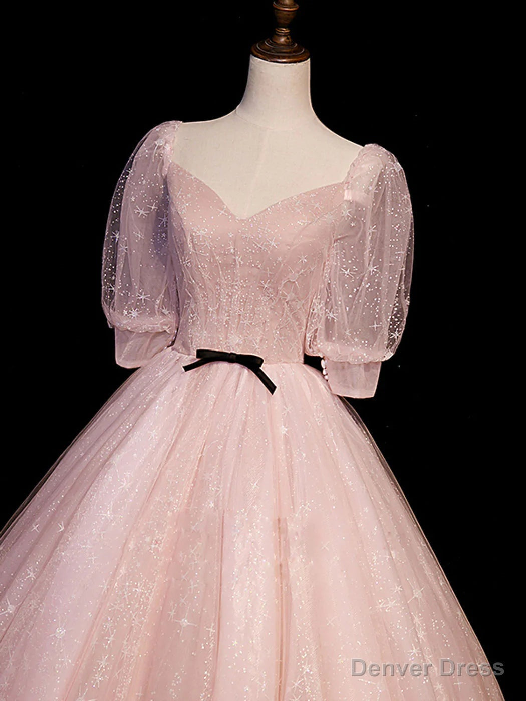 Pink Tulle Short Sleeves Ball Gowns Long Prom Dress, Pink Prom Dresses