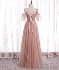 Pink Tulle Simple A-line Long Wedding Party Dresses Pink Formal Dresses prom dresses shops