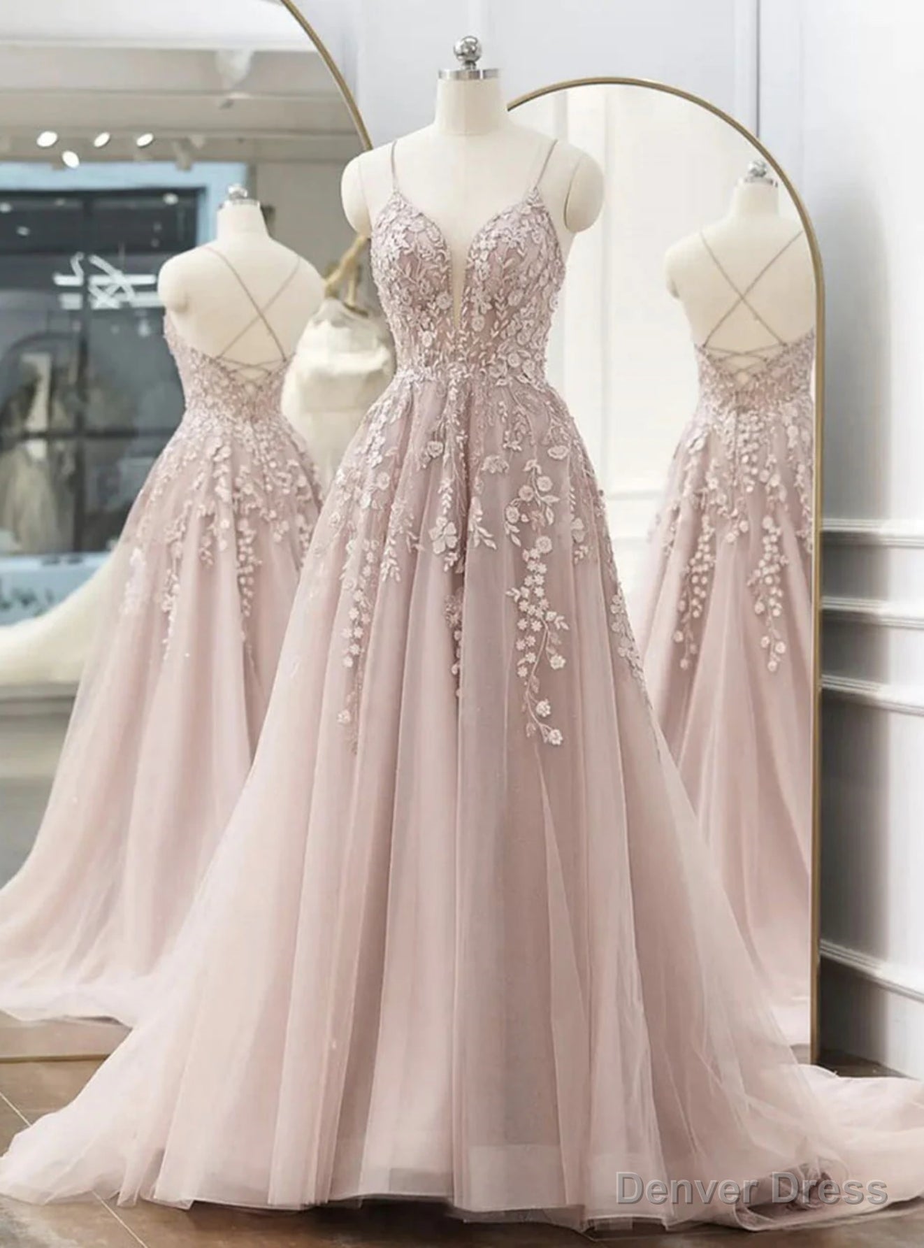 Pink Tulle Spaghetti Straps Appliques Cross Straps Back Prom Dress Main image