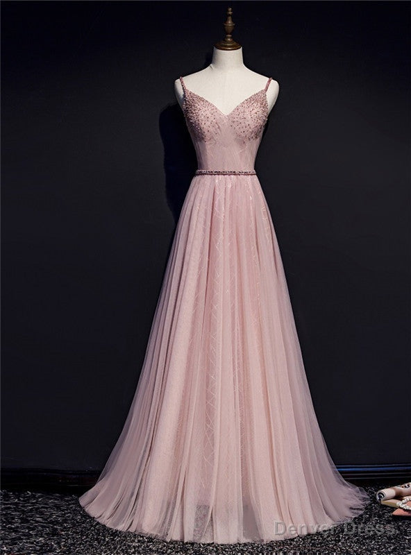 Pink Tulle Spaghetti Straps Beading Pleats Prom Dresses Main image