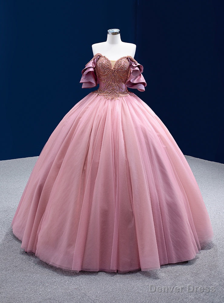 Pink Tulle Spaghetti Straps Beading Prom Dresses Main image