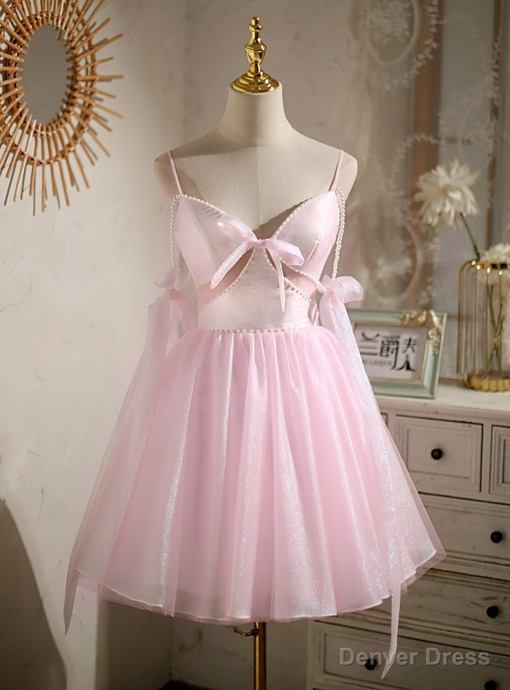 Pink Tulle Spaghetti Straps Pearls Homecoming Dress Main image