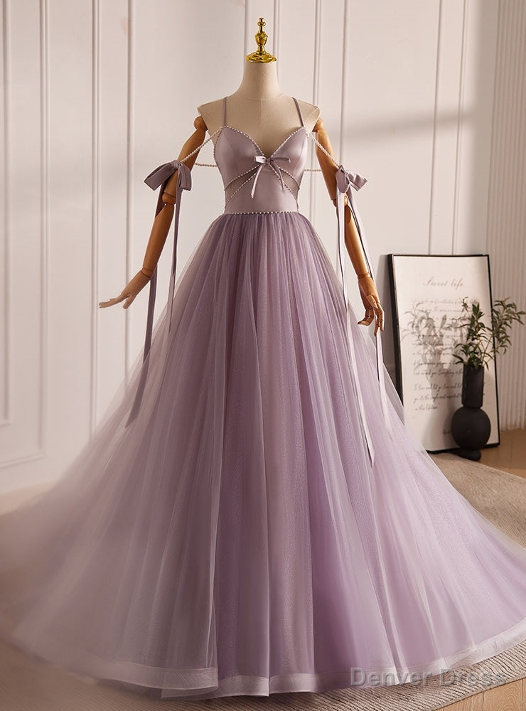 Pink Tulle Spaghetti Straps Pearls Prom Dresses