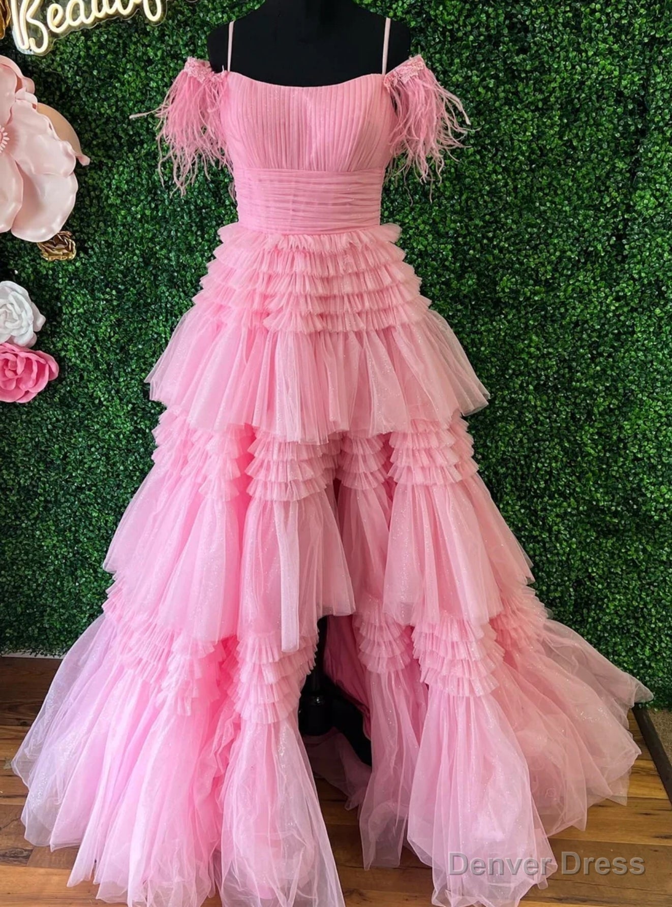 Pink Tulle Spaghetti Straps Pleats Feather Prom Dress Main image