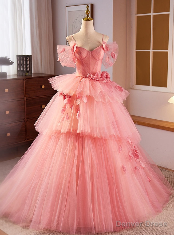 Pink Tulle Spaghetti Straps Pleats Flower Prom Dresses Main image