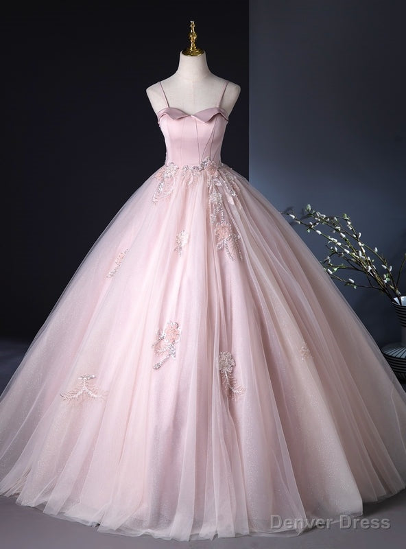 Pink Tulle Spaghetti Straps Sequins Appliques Prom Dress Main image