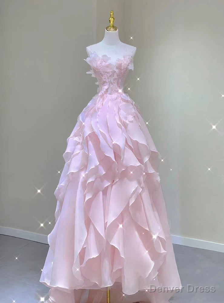 Pink Tulle Strapless Appliques Prom Dresses