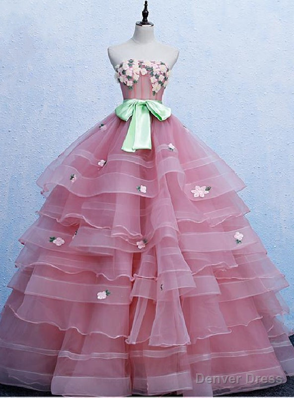 Pink Tulle Strapless Appliques Quinceanera Dresses