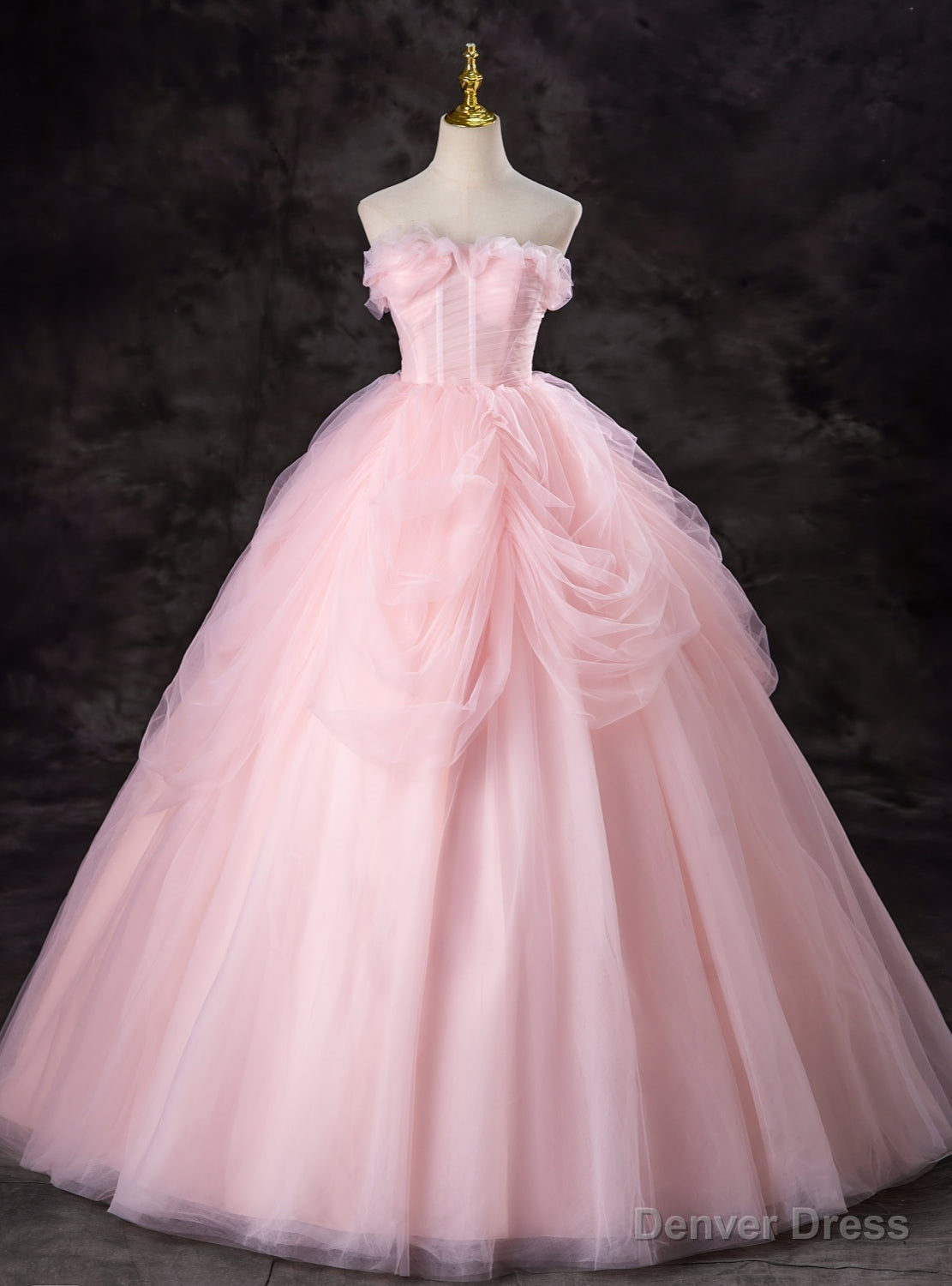 Pink Tulle Strapless Pleats Princess Quinceanera Dresses