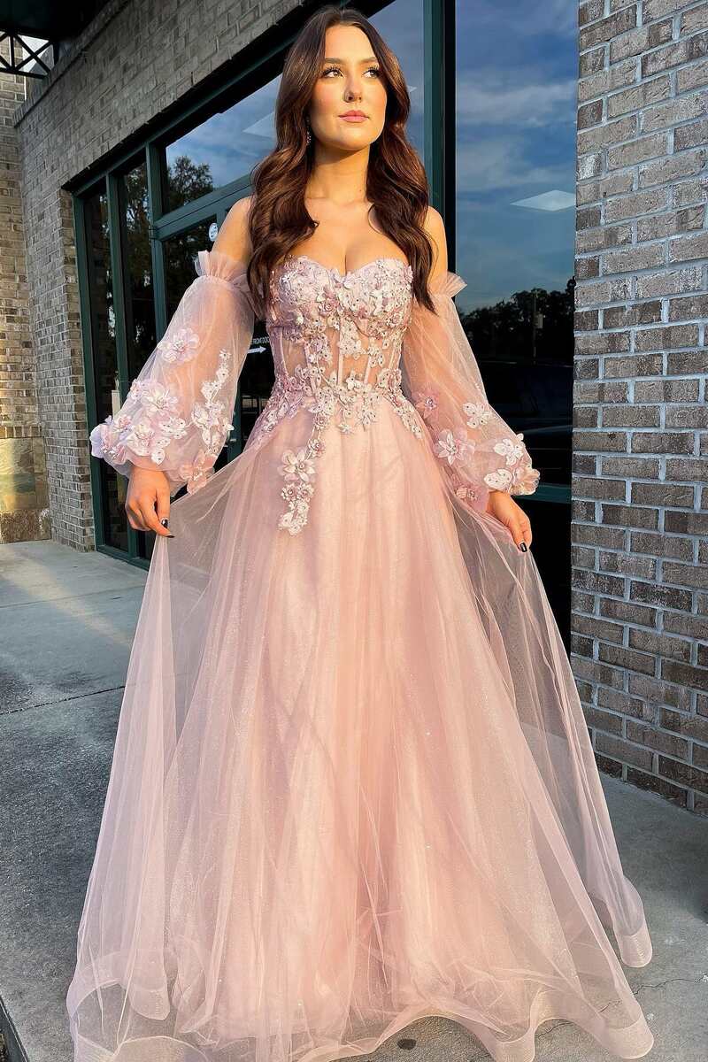 Pink Tulle Strapless Puff Sleeve A-Line Prom Dresses