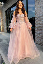 Pink Tulle Strapless Puff Sleeve A-Line Prom Dresses