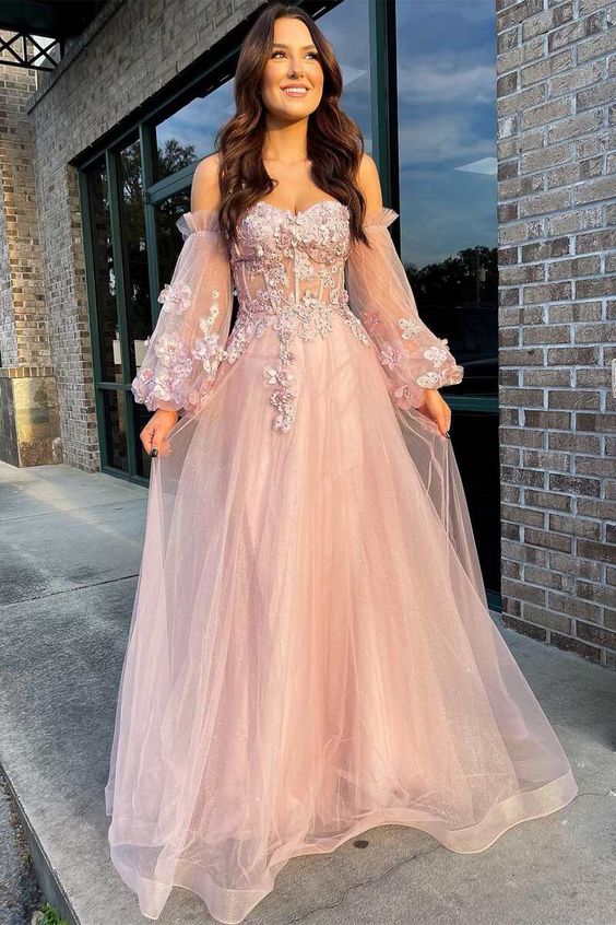 Pink Tulle Strapless Puff Sleeve A-Line Prom Dresses