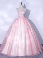 Pink Tulle Strapless White Appliques Quinceanera Dress