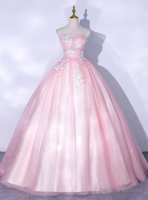 Pink Tulle Strapless White Appliques Quinceanera Dresses