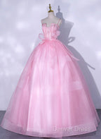 Pink Tulle Straps Ball Gown Long Sweet 16 Dresses, Pink Tulle Formal Dresses