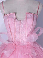 Pink Tulle Straps Ball Gown Long Sweet 16 Dresses, Pink Tulle Formal Dresses
