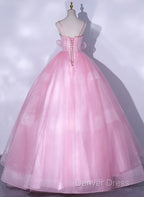 Pink Tulle Straps Ball Gown Long Sweet 16 Dresses, Pink Tulle Formal Dresses