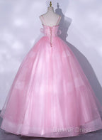 Pink Tulle Straps Ball Gowns Long Sweet 16 Dress, Pink Tulle Prom Dresses