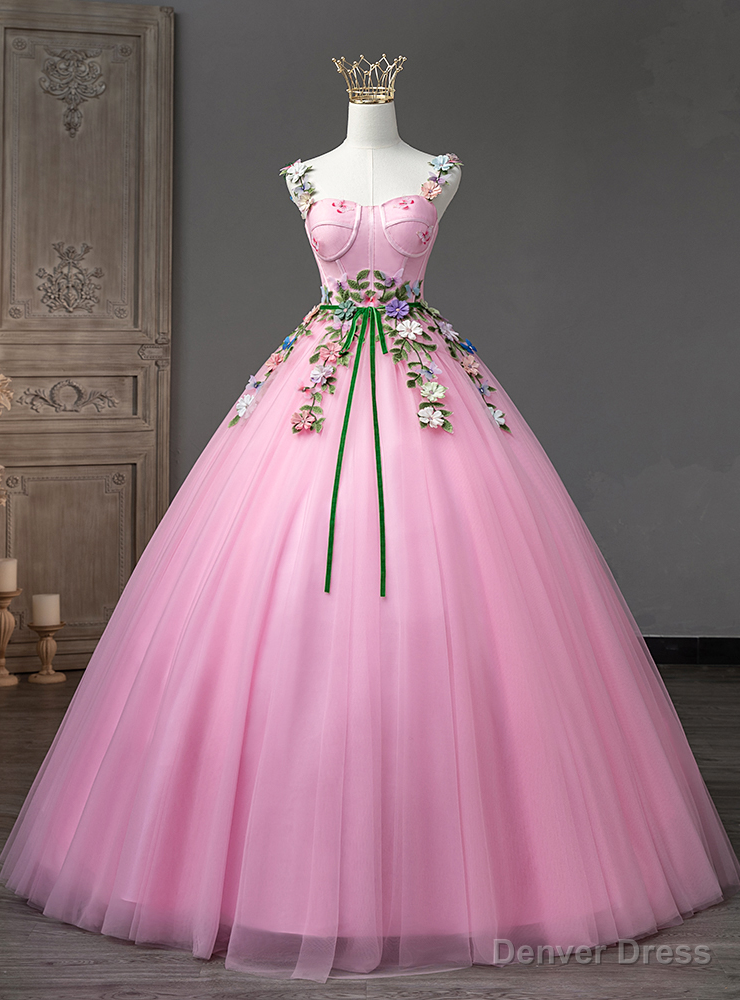 Pink Tulle Straps Flower Appliques Quinceanera Dresses Main image