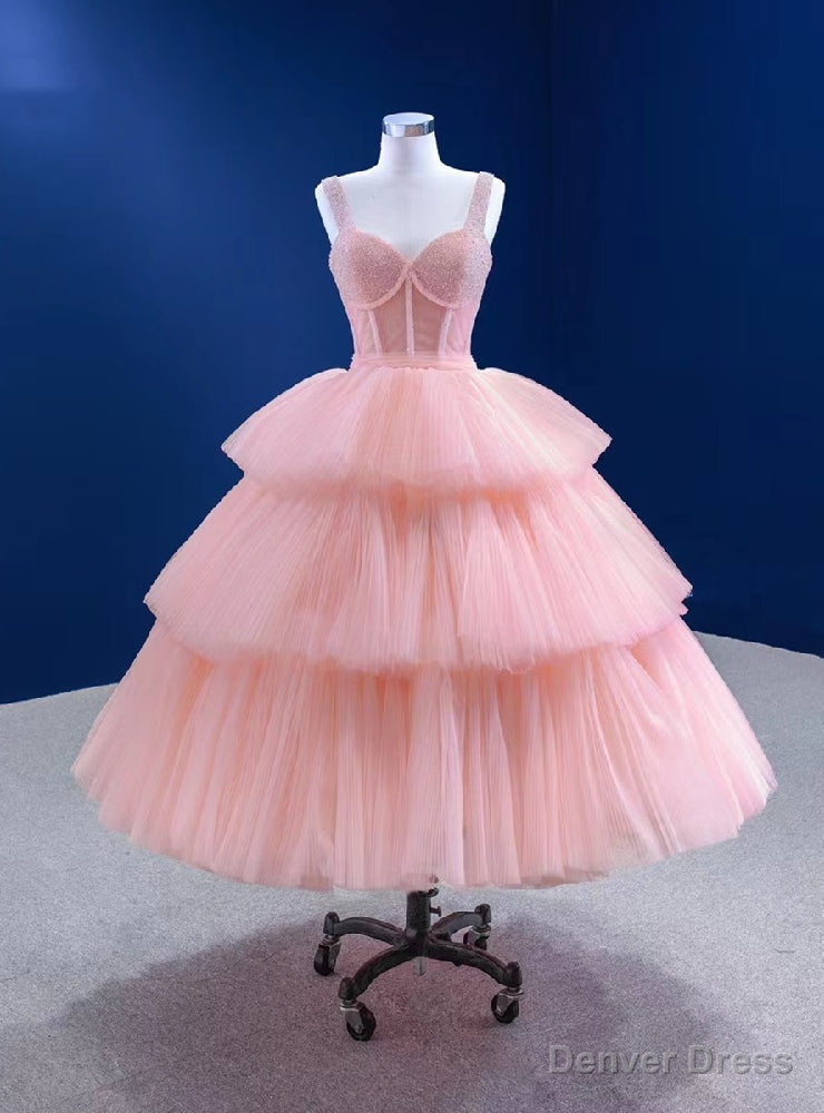 Pink Tulle Straps Tiers Beading Short Prom Dresses