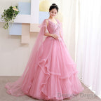 Pink Tulle Sweet 16 Prom Dress With Lace Applique Prom Dress, Pink Quinceanera Dresses