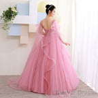 Pink Tulle Sweet 16 Prom Dress With Lace Applique Prom Dress, Pink Quinceanera Dresses