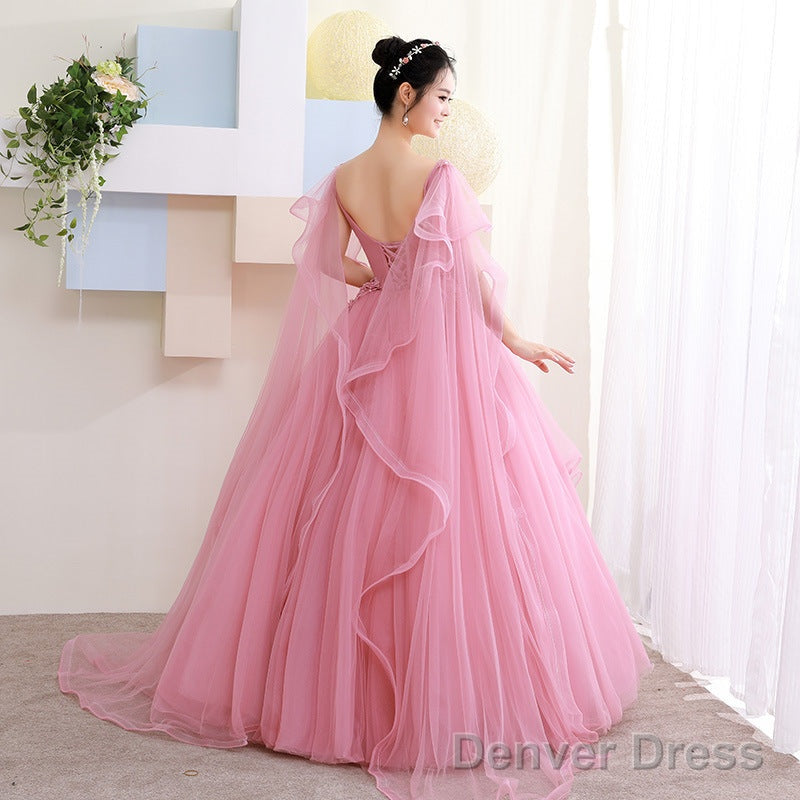 Pink Tulle Sweet 16 Prom Dress With Lace Applique Prom Dress, Pink Quinceanera Dresses